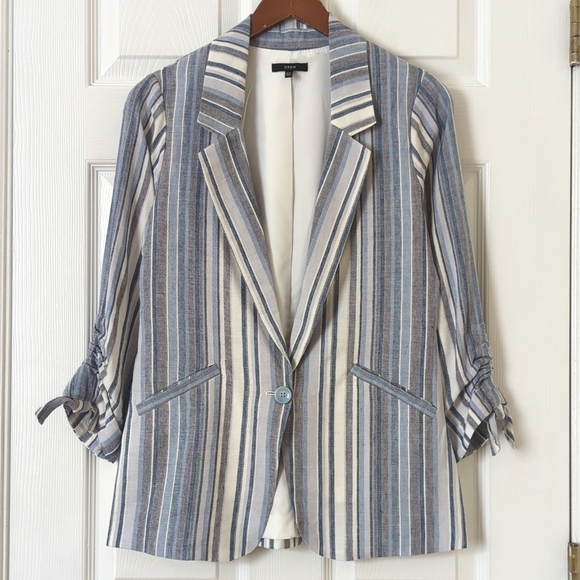 Drew Catalina Striped Linen Blend Boxy Single Button Blazer Jacket Blue Gray XS - Picture 1 of 13